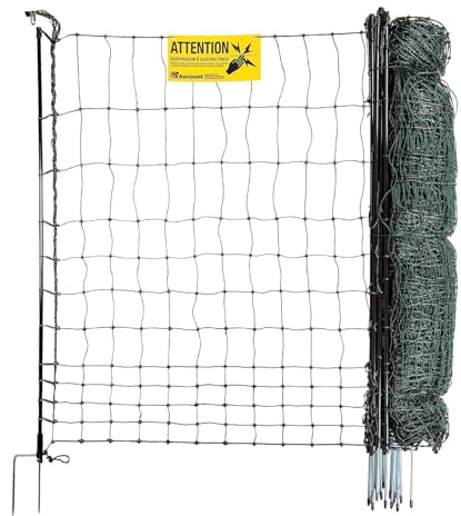 horizont strongLine Hühnerzaun 25m lang, 120cm hoch - 9 Fiberglaspfähle mit Doppelspitze - Geflügelzaun mit Strom, mobiler Zaun, Elektrozaun Hühner, Hühnerauslauf, Geflügelnetz