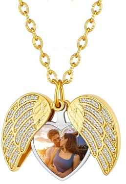 Custom4U Personalisierte Medaillon zum Öffnen für Bilder Damen Fotokette | Engelsflügel Medaillon Foto Kette mit Gravur Silber/Gold/Schwarz Locket Amulett mit 50cm kette Geschenk für Mutter Ehefrau