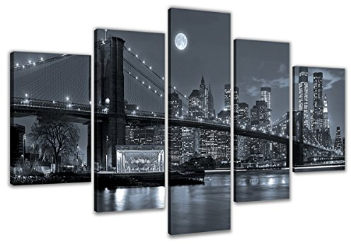 Visario Leinwandbild New York Brooklyn Bridge Schwarzweiss Mond 200 x 100 cm 5-teilig Direktdruck auf Leinwand mit Holzrahmen Wandbild Kunstdruck XXL Wanddeko für Wohnzimmer Schlafzimmer Artikelnr.