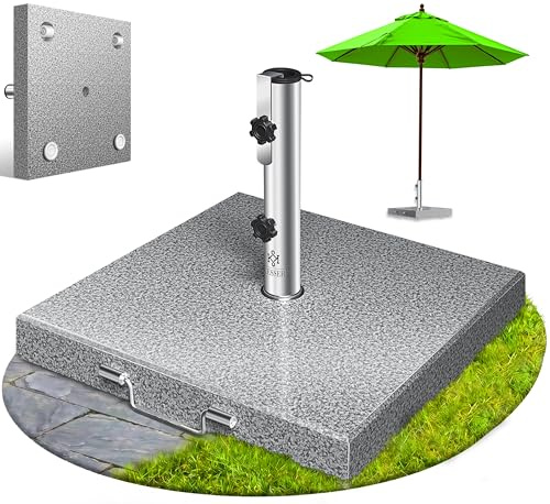KESSER® Granit Sonnenschirmständer mit Edelstahlrohr, Hochwertiger Schirmständer Quadrat Sockel 30KG - für Schirmstöcke bis 16-48 mm, Inkl. Transport Griff Garten Balkonschirmständer, Grau