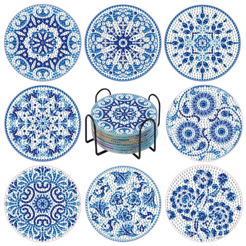 MHwan 8 Stück Diamond Painting Untersetzer, Exquisites Blaues Mandala, Diamond Painting Erwachsene, Nicht saugfähig, Nicht verformbar, kann Lange wiederverwendet Werden, mit Rutschfester Korkbasis