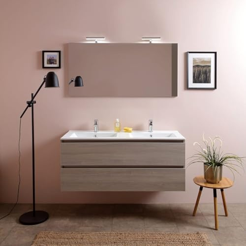 Kiamami Valentina Hängendes Badmöbel 120 cm Doppelwaschbecken 2 Schubladen | Leone Ulme Finish, Unterschrank 120x44x50,6 cm, Keramikbecken, LED-Spiegel, Soft-Close, modernes Badmöbel