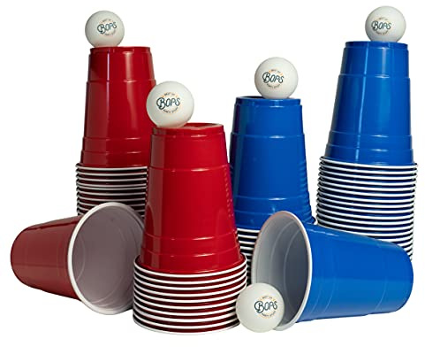 BOPS® [50+5 Premium Bierpong Set | 25 rote + 25 blaue Wiederverwendbare Partybecher + 5 Bälle | 473ml 16oz red & blue cups