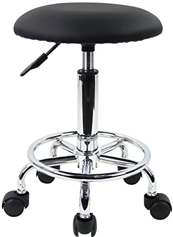 KKTONER Rollhocker Arbeitshocker mit Fußstütze PU Leder Rund Gepolstert 360° drehbar Bürohocker höhenverstellbar 49-64cm Schwarz
