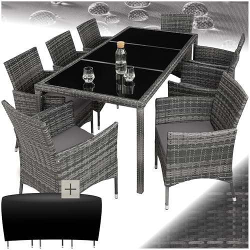 tectake® Rattan Sitzgruppe, wetterfest, 8 Personen, Armlehnstühle, Polster | Armlehnstühle mit Polstern, inkl. Schutzhülle, 3 getönte Sicherheitsglasplatten, UV-beständig, für Terrasse, graumeliert/grau