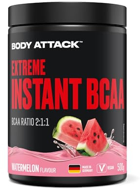 Body Attack Instant BCAA Extreme, Watermelon (1 x 500 g) | gut lösliches, veganes BCAA Pulver im Verhältnis 2:1:1 - zuckerfreie Aminosäuren für intensives Training, mit L-Leucin