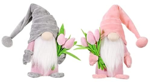 Super Idee Stehende Niedliche Wichtel mit tulpen Blumensträuße Süßer Zwerg Wichtel Figuren Geschenk für Frauen Mama Hochzeitstag Freundin Ehefrau Muttertag Dankeschön Maße 37 x 8 x 6 cm (Rosa+Grau)
