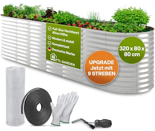 TTL Garden 320x80x80 cm Spirit XL Metall-Hochbeet Silber | Rostfreies Wellstahlblech, ovale Form, extra groß, stabil, witterungsbeständig, für Gemüse, Kräuter und Blumen