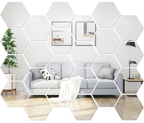 24 Stück Sechseckiger Spiegel Wandaufkleber, Wandspiegel Klebespiegel | gaoduanluoluo HD Acryl Spiegelfliesen Selbstklebend für DIY Badezimmer Wohnzimmer Sofa TV Einstellung Wanddekoration (Silber)