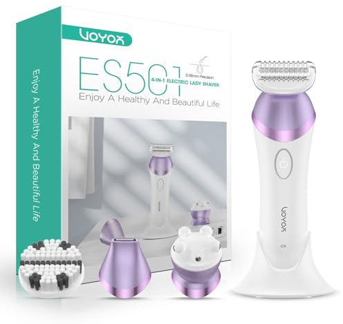 VOYOR Damenrasierer Elektrisch Intimrasierer für Frauen 4 in 1 Rasierer Damen Elektrisch Trimmer, Gesichtsbürste,Massage Armen Beinen Achseln Intimbereich Bikinizone 2 Drehzahl ES501 (Lila)