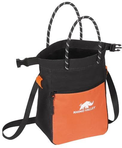 Rhino Valley Magnesiabeutel, kein Leck magnetische Klettern Chalk Bag mit Griff, Klettern Chalk Bucket Gear mit verstellbaren Gürtel Reißverschlusstaschen für Fitness, Gewichtheben, Schwarz+Orange