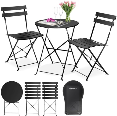 KESSER® Bistroset 3-teilig | Bistrotisch 2 klappbare Stühle Balkonset Balkonmöbel Klapp-Möbel Gartenset Sitzgarnitur Gartengarnitur Gartenmöbel Sitzgruppe Metall | Gartentisch mit Abdeckung Schwarz