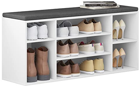 WOLTU Schuhbank weiß, Schuhregal mit Sitzbank 7 Fächern, Garderobenbank für Schuhaufbewahrung, für Eingangsbereich Flur, aus Holzwerkstoff, 103,5x48x30 cm