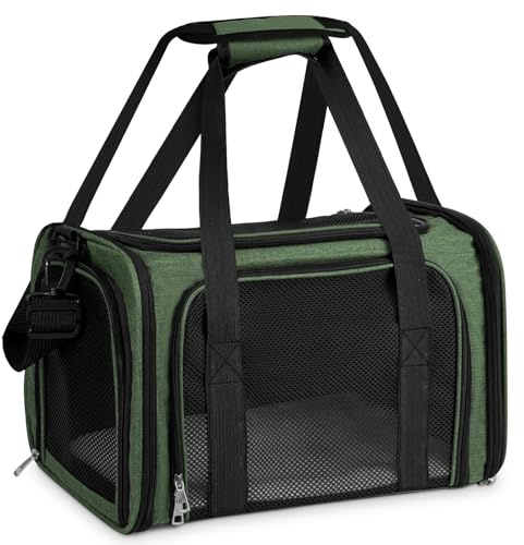TOFFCAEA Transporttasche für Katze Hund, Hundetransportbox, Faltbare Katzentransportbox, Tragbar, 5kg Katzen Hunde Tragebox, für Kleine Hunde, Katzen (Grün, L 43 x B 28 x H 28 cm)