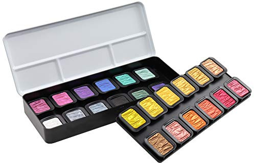 FINETEC Essential - Perlglanz-Aquarellfarben Set - 24 Farben - Schillernde & Flip-Flop-Effekte - Ethisch hergestellter Glimmer - Hohe Pigmentierung & Lichtechtheit - Ideal für Künstler & Kalligrafie
