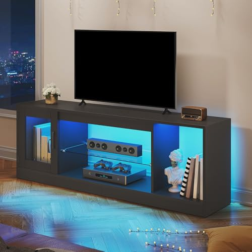 YITAHOME Schwarz RGB LED TV-Schrank, 148cm Gaming Lowboard bis 65 Zoll | 7 RGB-Farben mit 22 Modi und 5-stufig verstellbare Glasablagen aus gehärtetem Glas für Gaming-Atmosphäre.