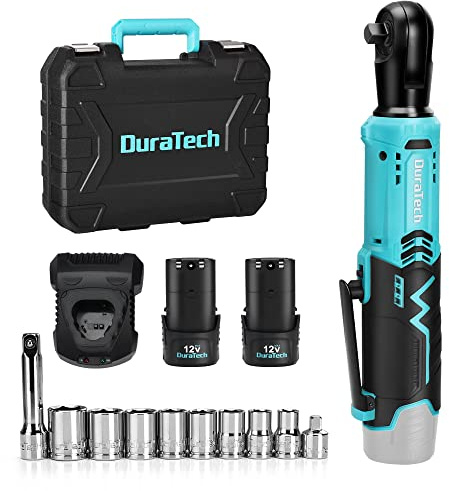 DURATECH Elektrische Ratschenschlüssel Set, Akku Ratschenschlüssel 12V, 3/8, 65 Nm, Kabelloser Ratschenschrauber mit 2 x 2,0 Ah Akku, LED-Licht, inkl. 10 Steckdosen, Aufbewahrungsbox, Ladegerät
