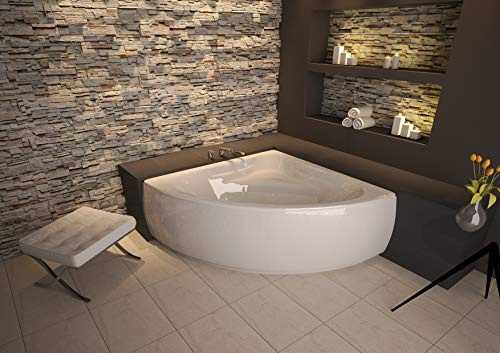 ECOLAM® symmetrische Badewanne Eckwanne Mia 140x140 cm Modern Design Acryl weiß Ablaufgarnitur Ab- und Überlauf Automatik Füße Silikon Komplett-Set (+ Acrylschürze)