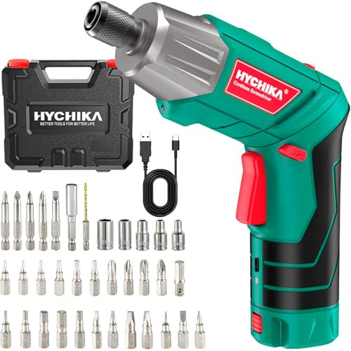 HYCHIKA Akkuschrauber, 6N·m Drehmoment 2000mAh 3,6V Akku mit 35 Zubehörteilen, LED-Licht und Taschenlampe, Akku Bohrschrauber mit USB Kabel und Aufbewahrungsbox