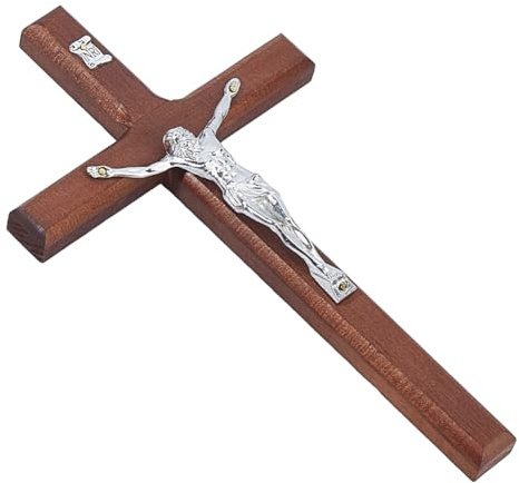 DICOSMETIC 20.2x11.5CM Kruzifix Kreuz Wandbehang Holzkreuz Wanddekoration Platin Holzkreuz Mit Legierung Jesus Christus Katholische Wandkunst Kreuz Für Kirche Zuhause Dekor