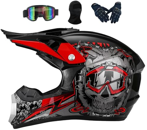 Motorradhelm Kinder 5-15 jährigen, Jugend Motorrad Downhill Full Face MTB ATV Helm, Herren Crosshelm, für Motocross, Dirtbiken und Offroad-Aktivitäten, mit Handschuhe Brille(Red,M(54-55CM))