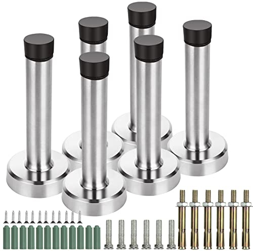 ASelected 6 Stück Door Stopper Türstopper Wandtürstopper Wandschutz Türstopper für Sockelleisten mit Gummi-Stoßstangenspitze mit Befestigungsschrauben und Dübeln Silber