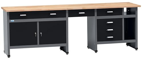 Küpper Werkstatt Werkbank 12289, 6 Schubladen, 2 Türen, 300 kg Traglast, 30 mm Massive Buchenarbeitsplatte (Schwarz, 240x84x60 cm)