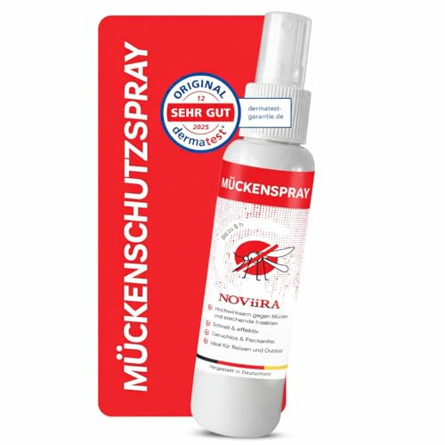 NOViiRA® Mückenschutzspray 100 ml, Insektenschutz – DERMA TEST ZERTIFIKAT – Mückenschutz, Insektenspray für Reise, Outdoor und Alltag – Mückenschutz Haut, Mückenspray – hautverträglich, fleckenfrei