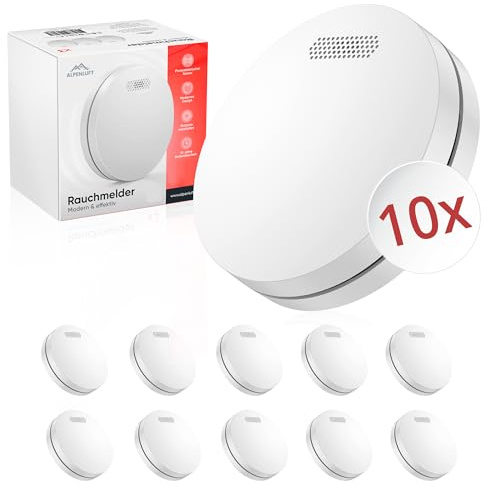 ALPENLUFT Rauchmelder 10 Jahre Batterie, Feuermelder Flach, Rauchwarnmelder, Brandmelder, | Ohne Bohren, Ohne LED Blinken - Rauch Brandschutz Brandmeldeanlage 10er Set