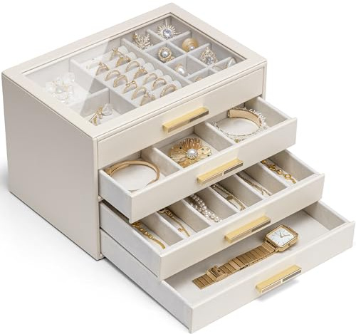 VLANDO Schmuckkästchen Groß, Schmuckkasten mit 4 Ebenen, Schmuck Organizer mit Glasdeckel, 4 Schubladen,für Halsketten, Ohrringe, Uhren, Armbänder, Schmuckaufbewahrung, Modern, Cinderella Plus, Beige