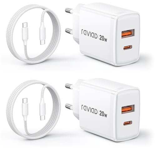 RAVIAD USB C Ladegerät 2-Pack 20W, [USBC + USBA] Schnellladegerät mit USB C Kabel 2M, Handy Netzteil Typ C mit 2-Port, Kompatibel mit iPhone 17 16 16e 15 Pro Max, iPhone Air, Pad Pro, Galaxy S25 S24