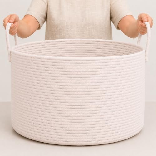 OrganiHaus Korb Geflochten Rund, Wäschekorb Geflochten, Korb Aufbewahrung Groß, Aufbewahrungskorb Kinderzimmer, Aufbewahrungskorb für Decken Kissen Spielzeug, Faltbar mit Griff - 50x33cm, Weiß