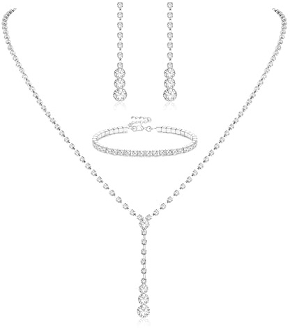 Diamday Kristall Brautschmuck Set Braut Hochzeit Halskette Ohrringe Set Strass Silber Schmuck Set Silber Braut Choker für Frauen und Mädchen