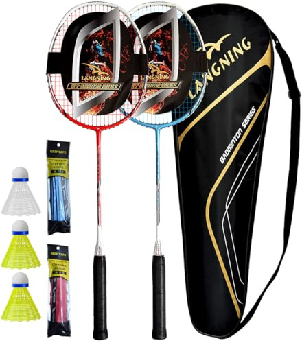 LANGNING badmintonschläger Set 2, Federballschläger 24Lbs Nur 85g, hohe Qualität Profi Carbon der gesamte Schläger ist aus Kohlefaser (Rot+Blau)