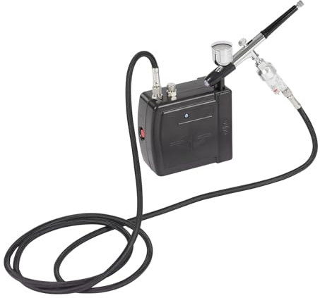Airbrush Kompressor Kit, Airbrush Spritzpistole Set mit Doppeltwirkende Spritzpistole, Einstellbarer Druck 2-15 PSI, Luftdurchfluss 10.5L, für Kunstmalerei (Schwarz)