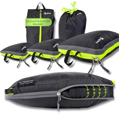 Alpteq® Profi-Packtaschen mit Kompression – 5-teiliges ultraleichtes Koffer-Organizer-Set, Packing Cubes aus wasserdichtem Stoff, Packwürfel für Reisen & Rucksack