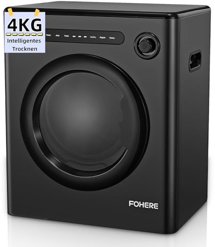 Trockner, 4KG Wäschetrockner, 1200W mit 6 Programm Intelligente Trocknung, Knitterschutz, LED Touchscreen, Doppelter Temperaturschutz, Freistehend Wandmontierbar Ablufttrockner für Kleidung, Schwarz