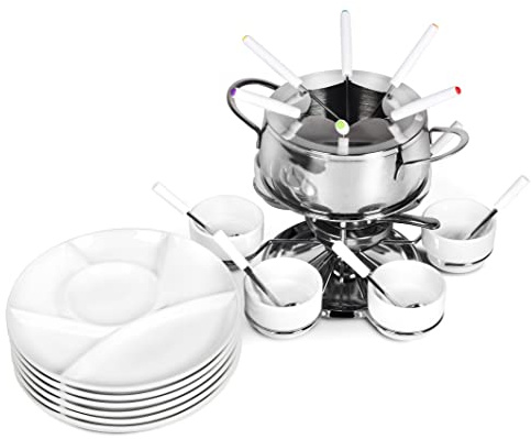 Ribelli Fondue Set 28-teilig Edelstahl 6X Gabel, Löffel, Teller, Schälchen Käsefondue Fleischfondue 6 Personen
