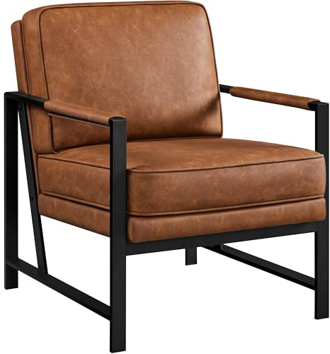 Yaheetech Retro Sessel Stuhl Lehnstuhl Relaxsessel mit Rückenlehne Einzelsessel mit Metallrahmen und Kunstleder, Hellbraun