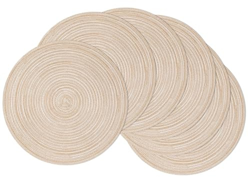 SHACOS 6er Set Platzsets Rund Abwaschbar, Schmutzabweisend, Tischsets Platzsets Rund Beige Geflochten, Hitzebeständig, Runde Platzdeckchen Abwaschbar