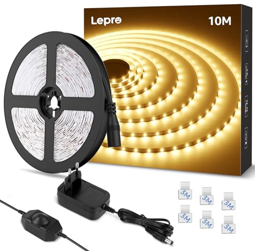 Lepro LED Strip 10M Warmweiss, LED Streifen Warmweiß 3000K Dimmbar, 2835 LED Band Selbstklebend 420 LEDs, Superhell LED Lichtband Leiste mit Netzteil, Lichterkette Kette für Innen Küche Heim Deko