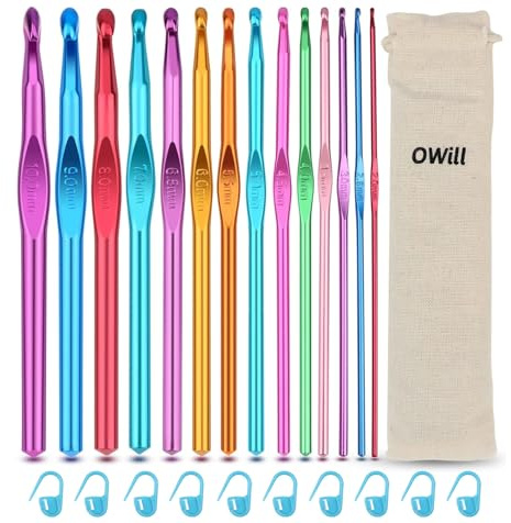 OWill 24 Stück häkelnadel set,14 Größen 2mm-10mm Häkelnadel aus bunt Aluminium mit 10 Markierungsnadel,Ergonomische häkelnadeln Crochet Set für Anfänger und arthritische, lila