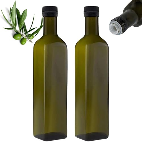 mikken 2x Ölflasche 500ml mit Ausgießer grün/braune Ölspender Glasflasche mit Dosierer und Etiketten