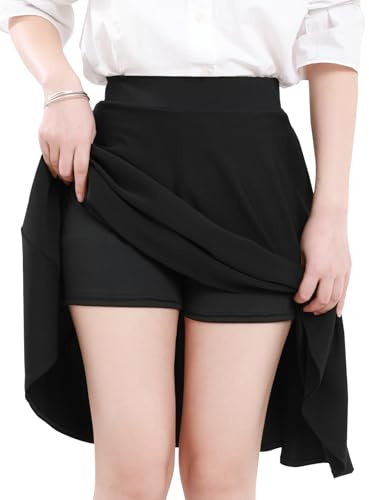 Damen Rock Basic Röcke für Damen mit hose drunter Knielange Skirt Röcke Solide-Elastischer Bund mit 2 Seitentaschen Schwarz XL