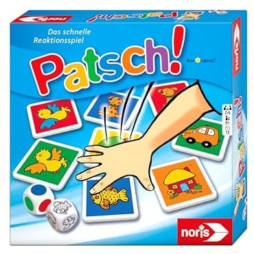 noris Patsch Reaktionsspiel, Kinderspiel mit 25 Motivkarten & 2 Würfeln, Für 2‑6 Spieler, Fördert Aufmerksamkeit & Schnelligkeit, Ab 4 Jahren, Familienspiel