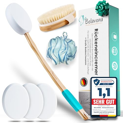 BELAVENA© Eincremehilfe für Rücken | Verbessertes Konzept 2026 - Optimale Rückenpflege mit Rückeneincremer / Rückenbürste inkl. 4 austauschbaren Pads – Rückencremer / Rückeneincremehilfe