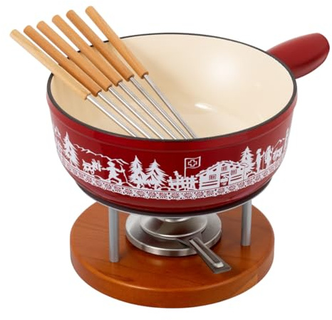 KUHN RIKON 32276 Käsefondue Set Induktion Gusseisen rot Alpweide 24 cm, 3.2 Liter Inhalt für 4-6 Personen, Set enthält ein Rechaud, ein Pastenbrenner und 6 Gabeln