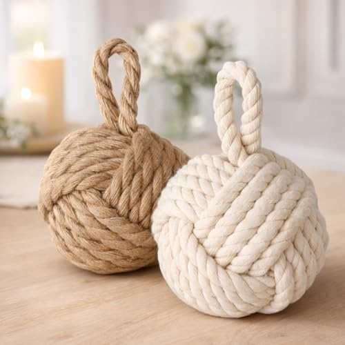 TOPANBIETER 999 2er Set Deko Türstopper Jute für den Boden Türhalter Fensterpuffer Bodenstopper Tür Stopper Knoten Natur Strick Kugel mit Schlaufe ca. 1,2 kg Sack Schutz für die Wand