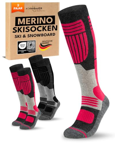 sockenkauf24 Damen Merino Skisocken 2 Paar Thermo Winter Kniestrümpfe mit Polsterung für Ski und Snowboard