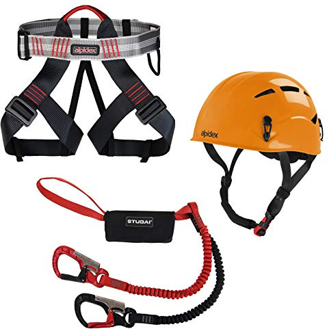 ALPIDEX Kletterhelm Klettergurt Stubai Klettersteigset BASIC 3.0 Set | Kletterset, Starterset, Bandfalldämpfer, Rastkarabiner, Einsteiger, Bergsteigen, 40-120 kg, UIAA, Sicherungsgurt, Via Ferrata